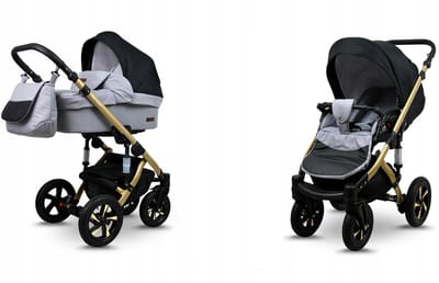 BabyLux® Kinderwagen 2in1 – SKY LARK - Silver Flex Black GOLD FRAME - Opklapbare Wandelwagen incl. Reiswieg, Multifunctionele Buggy Sportstoel - Combi-kinderwagen met Luiertas, Regenhoes, Klamboe, Bekerhouder, etc.