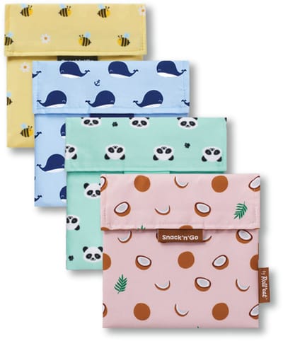 Snack’n’Go - Voordeelset Happy Prints 4 stuks - Herbruikbaar Boterhamzakje - Snackverpakking - Sluiting met klittenband - BPA-vrij - Waterdichte binnenlaag - Wasbaar tot 60°C