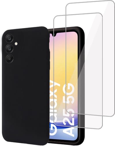 Geschikt voor Samsung Galaxy A25 - Hoesje + 2x Screenprotector – Gehard Glas Cover - Suède Case Zwart