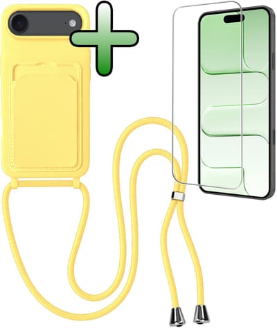 Hoes Geschikt voor iPhone Air Hoesje Pas Houder Case Hoes Met Koord Met Screenprotector - Hoesje Geschikt voor iPhone Air Hoes Met Telefoonkoord Pasjeshouder Cover - Geel