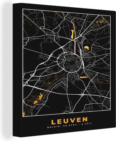 Canvas Schilderij Stadskaart - Leuven - Kaart - Goud - Plattegrond - 20x20 cm - Wanddecoratie