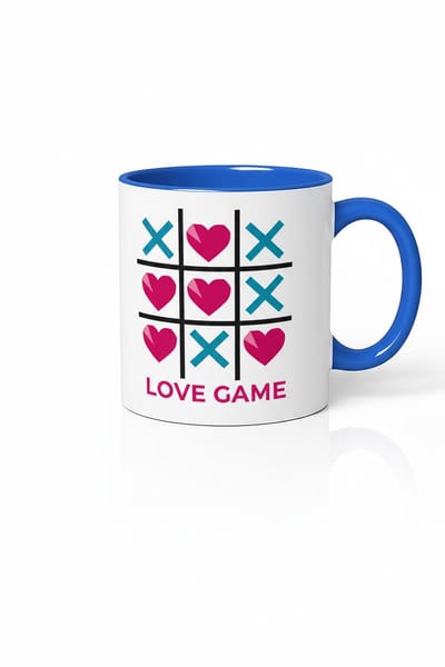 Tic-Tac-Toe Love Game Mok met Hartjes & X'en - Blauw Accent - Romantisch Cadeau & Valentijnscadeau