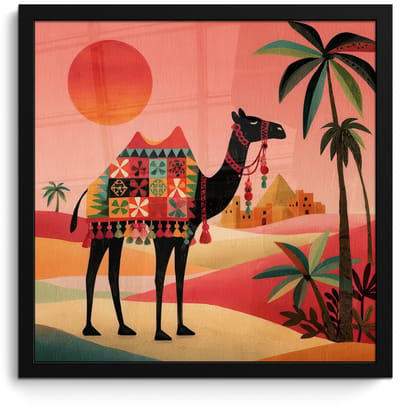 Poster in lijst - Fotolijst 40x40 cm - Posters - Kameel - Gekleurd tapijt - Duinen - Rode zon - Posterlijst zwart - Decoratie - Wanddecoratie woonkamer - Muurdecoratie slaapkamer