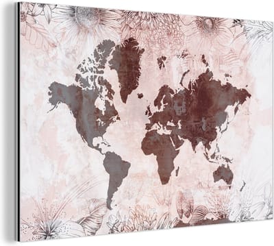 Aluminium schilderij 150x100 cm - Wanddecoratie metaal - Wereldkaart - Vintage - Rood - Metalen muurdecoratie woonkamer - Decoratie industrieel - Foto op dibond - Industriële accessoires slaapkamer