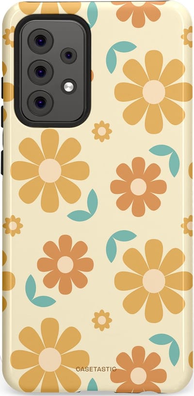 Casetastic hoesje geschikt voor Samsung Galaxy A52 (2021) 5G / Samsung Galaxy A52 (2021) 4G - Dubbellaagse bescherming - Flower power Retro Bloemen - Geel - Oranje - Blauw - Fashion Case - Crème Goud Perzik