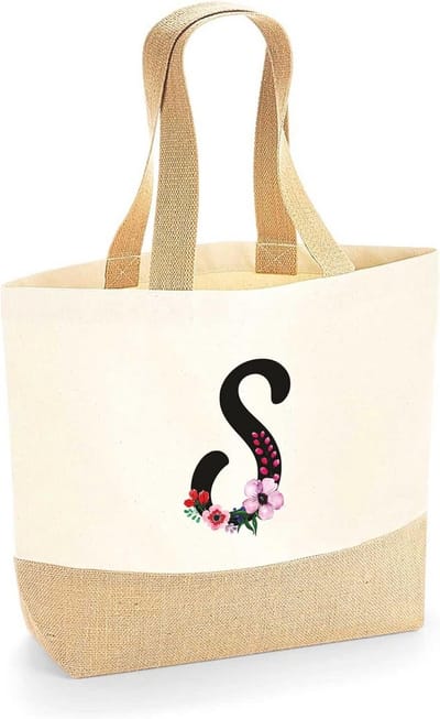 Grote Strandtas Dames van Katoen met Bloemen en Letter S