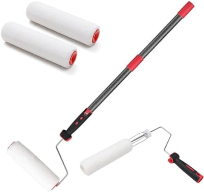 Verfroller, 70-120 cm, telescopische stang, schilderroller, multifunctionele verfrollerset met huisverf, rollerborstel, roestvrij staal, stang voor muren en plafonds, grijs