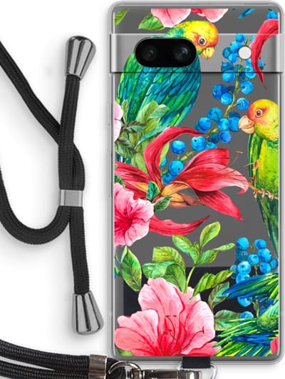 Case Company® - Hoesje met koord geschikt voor Google Pixel 7A hoesje met Koord - Papegaaien - Telefoonhoesje met Zwart Koord - Bescherming aan alle Kanten en Over de Schermrand
