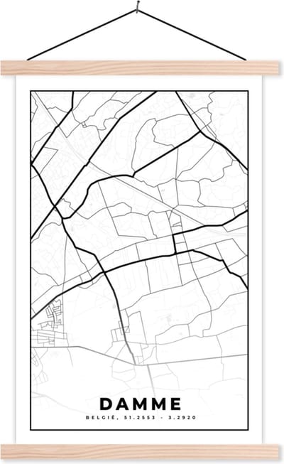Posterhanger incl. Poster 40x60 cm - Schoolplaat - België – Damme – Stadskaart – Kaart – Zwart Wit – Plattegrond - Textielposter - Blanke latten - Stadskaart