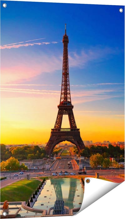 Gards Tuinposter Parijs Eiffeltoren tijdens de Zonsopkomst - 60x90 cm - Tuindoek - Tuindecoratie - Wanddecoratie buiten - Tuinschilderij