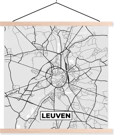 Posterhanger incl. Poster 40x40 cm - Schoolplaat - Stadskaart – Zwart Wit - Kaart – Leuven – België – Plattegrond - Textielposter - Blanke latten - Stadskaart