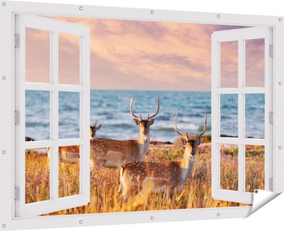 Gards Tuinposter Doorkijk Drie Herten aan de Zee tijdens Zonsondergang - 180x120 cm - Tuindoek - Tuindecoratie - Wanddecoratie buiten - Tuinschilderij