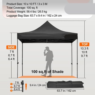 Party Tent - Opvouwbare - Pop-up Gazebo - Tuinpaviljoen - Waterdichte - 10x10FT - Afneembare Zijwanden - voor Feesten - Evenementen - Zwart
