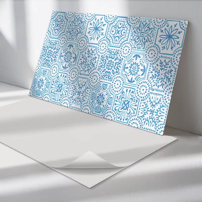 Wallfluent Vinyl Wandpaneel - Geruite keramische patronen Vinyl Wandbekleding - 120 cm x 60 cm - Blauw PVC wandpaneel - 1 stuk - Rechthoekig Wandbekleding Vinyl - Patroon Wandpaneel - Zelfklevend Muurpaneel - Wandpaneel Keuken en Badkamer