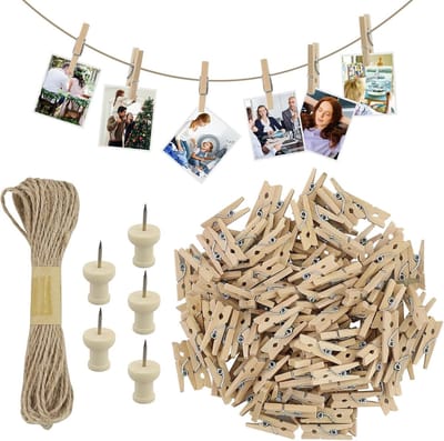 Dailygoods- Knijpers Mini 150 Stuks - Houten Knijpers - Decoratieve Klemmen - Henneptouw - I-vormige Spijkers - Lichtgewicht 100 g