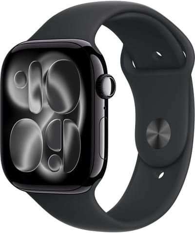 Apple Watch Series 11 GPS 46 mm met matzwarte aluminium behuizing en zwarte sportband - S/M