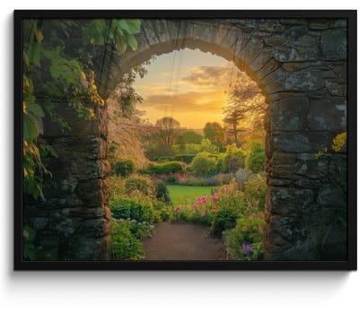 Poster in lijst - Fotolijst 70x50 cm - Posters - Poort - Planten - Zonsondergang - Posterlijst zwart - Decoratie - Wanddecoratie woonkamer - Muurdecoratie slaapkamer