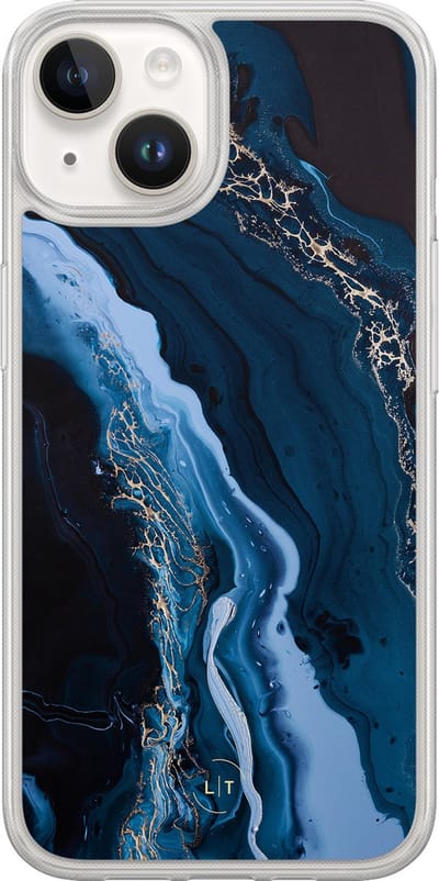Hoesje geschikt voor iPhone 14 - Marmer lagoon blauw - 2in1 backcover - Marmer - Blauw - Leuke Telefoonhoesjes