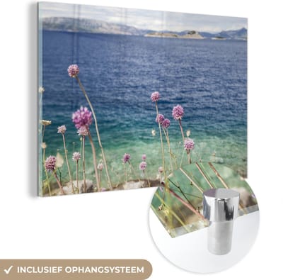 ® Glasschilderij 180x120 cm - Schilderij acrylglas - Roze wilde bloemen langs de kust in het Nationaal park Mljet in Kroatië - Foto op glas - Muurdecoratie woonkamer - Wanddecoratie slaapkamer - Schilderijen