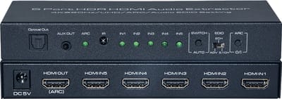 HDMI-schakelaar 5 in 1 uit, 4K@60Hz met ARC-audio-extractor HDMI 2.0 HDR en afstandsbediening