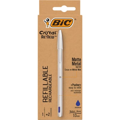 Balpen Bic Cristal Re-new medium zilver + 2 vullingen blauw