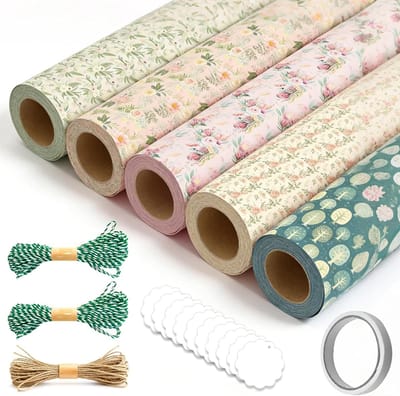 Cadeaupapierset, 10 vellen verjaardagscadeaupapier met henneptouw, dubbelzijdig plakband en kraftpapierhanger, cadeaupapier vintage bloemen voor bruiloft, bruidsfeest, Moederdag, verjaardag