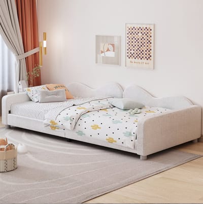 MEUNIQ Gestoffeerd kinderbed 90x200 cm bedbank met rugleuning en armleuningen, 12 latten, eenpersoons bedframe voor kinderkamer, slaapkamer of woonkamer, wit