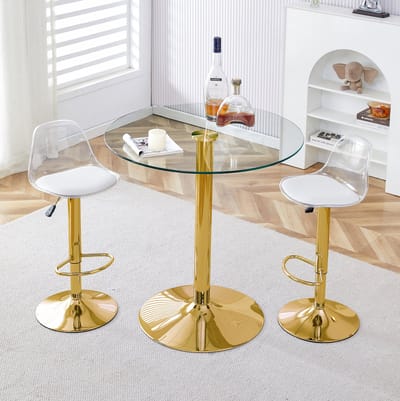 Bartafelset Glazen Tafel Met 2 Barkrukken Goudkleurig Transparant Verstelbaar En 360 Graden Draaibaar Voor Eetkamer Bar En Lounge