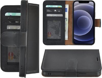 Geschikt voor Iphone 12 Pro Hoesje - Bookcase - Iphone 12 Pro Hoesje Portemonnee wallet Echt Leer Zwart Cover
