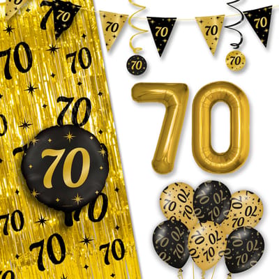 LUQ – All-Out Glam Set 70 Jaar – Zwart-Goud Verjaardag Decor – Luxe Feestpakket Ballonnen-Slingers-Vlaggenlijn-Gordijn