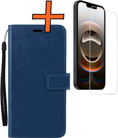 Hoes - Met Screenprotector - Geschikt voor Apple iPhone 16e - Luxe Pasjeshouder - Bookcase Portemonee - Flip Case - Kunstleer Book Case - Flipcase - Book Cover - Walletcase - PortemonneeHoes - Donkerblauw