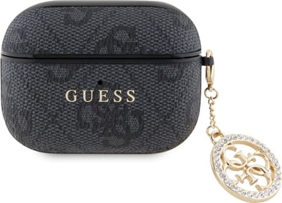 GUESS, Hoesje geschikt voor AirPods Pro - 4G Script met Glinsterende Charm & Strass, Zwart