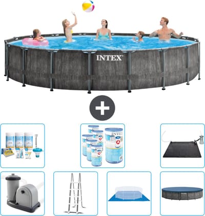 Intex Rond Prism Frame Greywood Zwembad - 549 x 122 cm - Inclusief Pomp - Ladder - Grondzeil - Afdekzeil Onderhoudspakket - Filters - Solar Mat