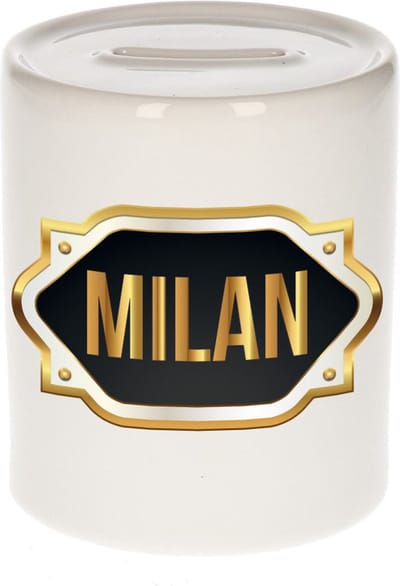 Spaarpot met voornaam Milan - wit - met goud/zwart embleem - 8 x 9 cm - keramiek - met afsluitdop - cadeau verjaardag