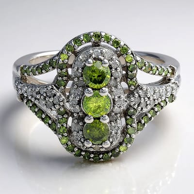 Cavill - Art Deco Zilveren Ring met 1,24 ct Groene Ronde Diamanten - 925 Sterling Zilver - Luxe Sierlijke Ring - Zomer Stijl