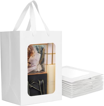 Witte Cadeautassen - 50 Stuks Papieren Tassen met Handvatten - 18x13x25cm - Stevige Kraft Papieren Tassen voor Feestjes en Cadeaus