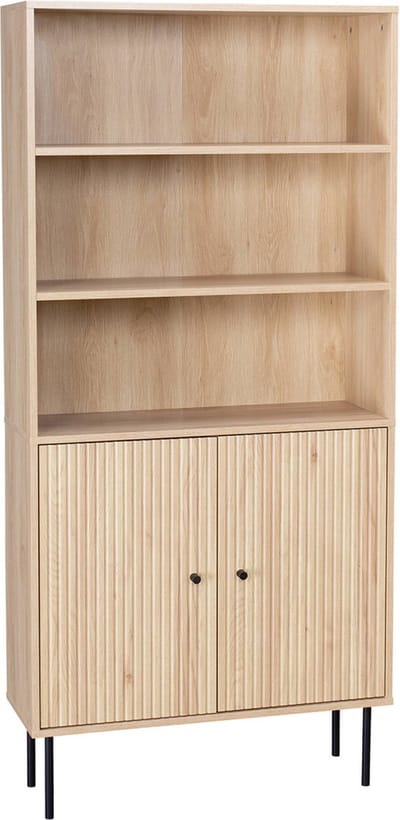 sweeek - Boekenkast met 2 deurtjes en planken gegroefd houtdecor 80cm - braga