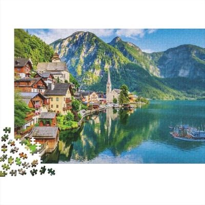 Landschap Puzzel - Legpuzzel Puzzelspel - Ontspanning thuis - Gerecycled materiaal - 38x26cm - Alpine Lake Village