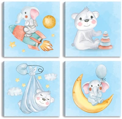 Unyqoos ® Charmante Kunstwerken voor Kinderkamers - Dierenontwerp, Set van 4, 30 x 30 cm, Canvas Prints