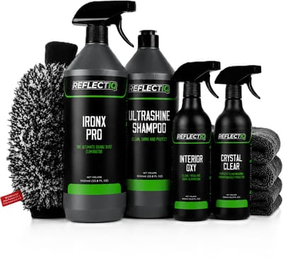 ReflectIQ Starterspack Auto Onderhoud - Autoshampoo, Velgenreiniger, Interieurreiniger, Glasreiniger, Washandschoen & Droogdoek - Complete Car Care set