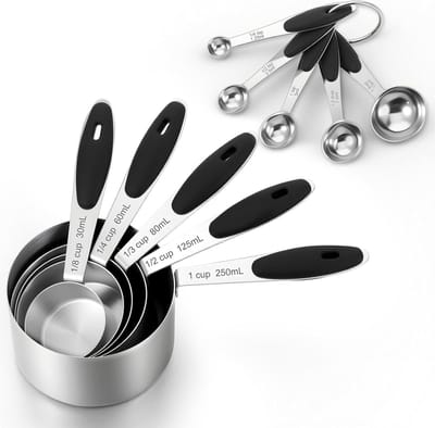 Set van 10 stuks roestvrijstalen maten en lepels - Maatbekers - Hoogwaardig Roestvrij staal (RVS) - Maatlepel Set - Maat Cups & Spoons - met exacte hoeveelheden - voor droge en vloeibare ingrediënten voor koken en bakken