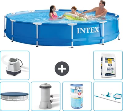Intex Rond Frame Zwembad - 366 x 76 cm - Blauw - Inclusief Afdekzeil - Zwembadfilterpomp - Filter - Schoonmaakset - Zoutwatersysteem - Zwembadzout - 7-delig