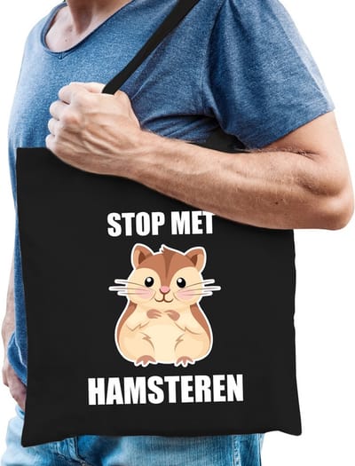 Stop met hamsteren katoenen tas zwart voor heren - hamsteraars kado / tasje / shopper