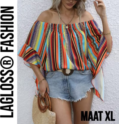 LaGloss® Gestreepte Korte Dames Off-Shoulder Blouse Met Ruches – Multicolor – Zomermode – Fashion – Casual – Maat XL