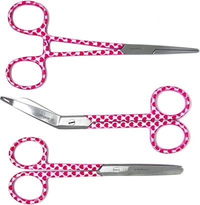 Verpleegkundige Scharenset 3-Delig – Verbandschaar, Schaar en Kocher – Medische Set – Roze met Hartjes