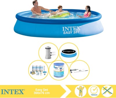 Intex Rond Opblaasbaar Easy Set Zwembad - 366 x 76 cm - Blauw - Inclusief Pomp - Solarzeil - Onderhoudspakket - Filter - Stofzuiger - 6-delig