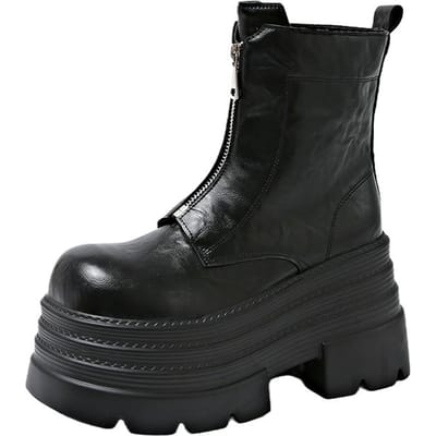 10CM Nieuwe Dames Enkellaarzen Herfst Winter Warm Punk Bont Schoenen Dik Hoge Plateau Casual Leer Korte Laarzen Bota Mujer 34 black
