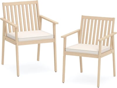 KOMFOTTEU Set van 2 ergonomische tuinstoelen met afneembare kussens, eetkamerstoelen met armleuningen, fauteuils van acaciahout, voor terras, balkon, tuin, draagvermogen 180 kg