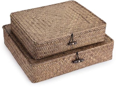 Dailygoods- Rotanmand met deksel - 2 stuks - Opbergmanden - Opbergmand Kinderen - Opbergmanden met deksel - Natuurlijk zeegras - Handwerk