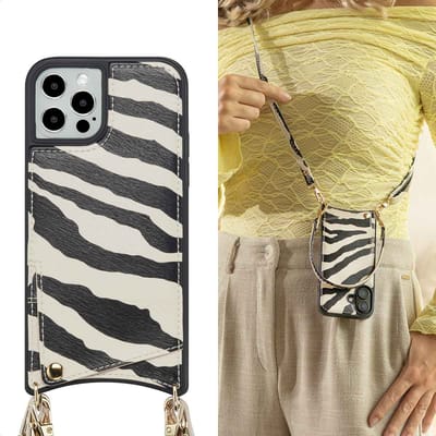 Selencia Hoesje - Geschikt voor Apple iPhone 12 Pro / 12 - Backcover met koord en pashouder - Zazzy Zebra